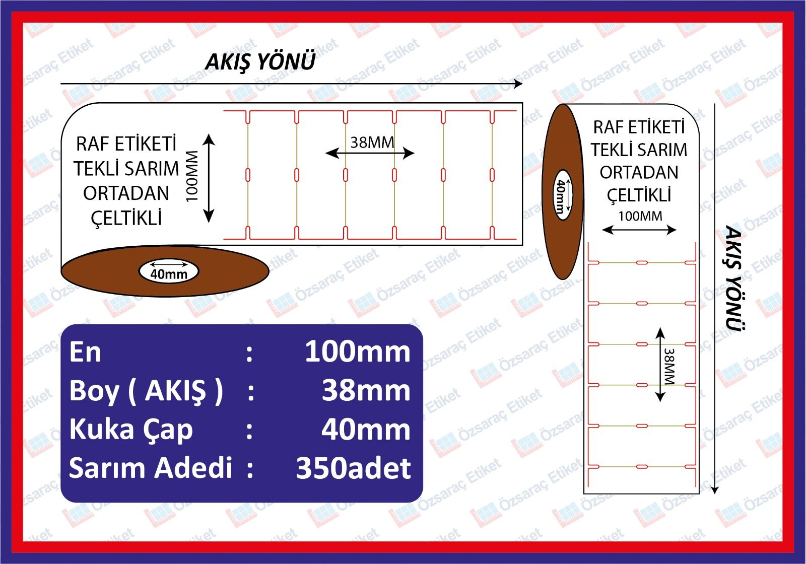 100x38  RAF ETİKETİ KARTON   ORTADAN CELTEKLİ YATAY 500 SARIM